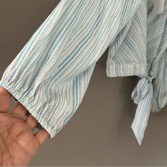 BCBGENERATION Blue and White Striped Tie Side Faux Wrap Crop Top Size XS - Picture 5 of 11